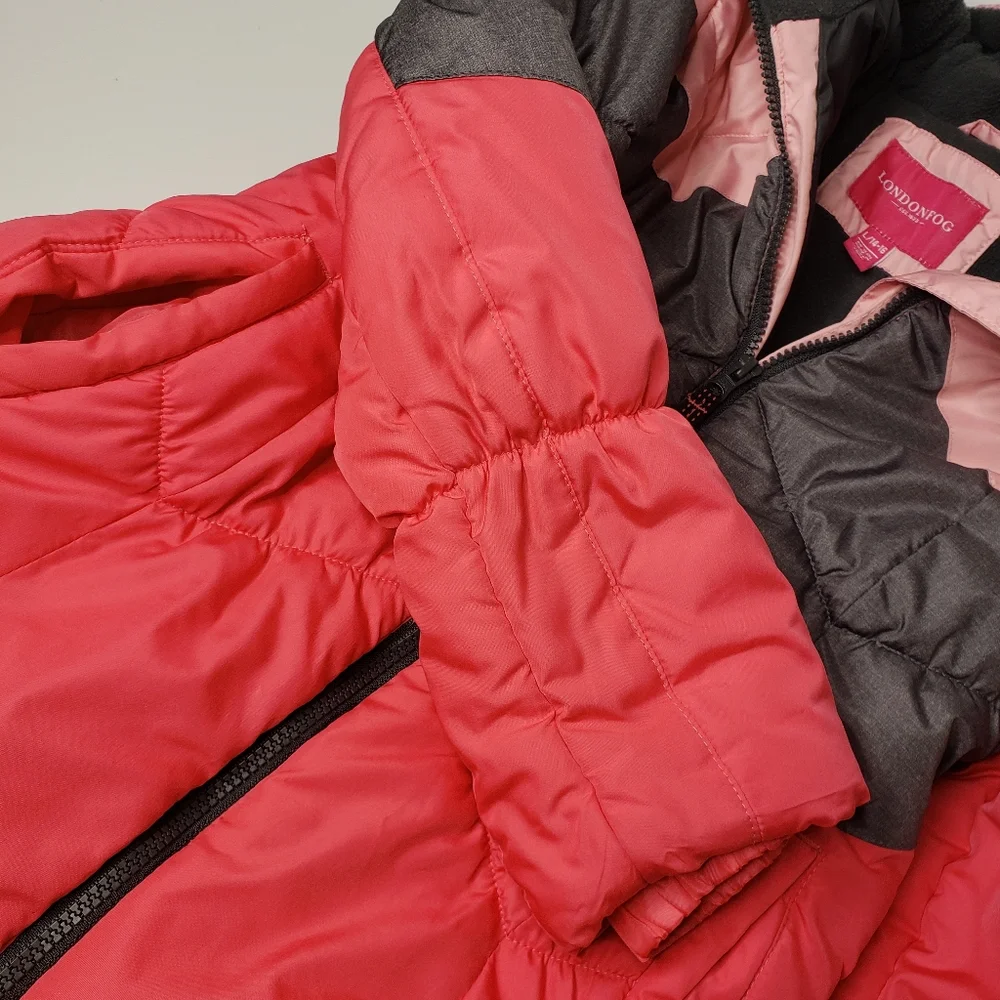 London Fog Girls Puffer Coat XL Hooded Chevron Colorblock Fleece Lined Winter